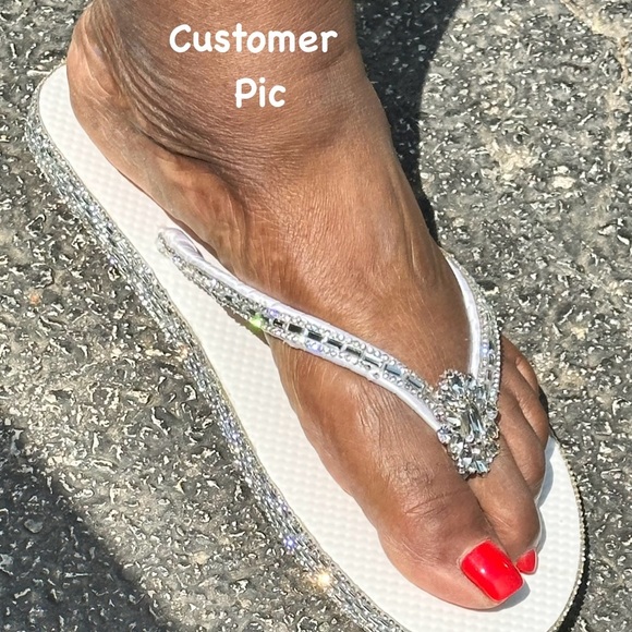 Custom Hand-Crafted Rhinestone Flip Flops “ No Barefeet Allowed At The Party" - Picture 5 of 5